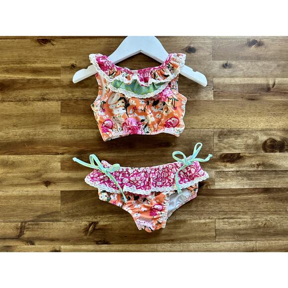 SweetHoney Mallory Crop Two Piece Swimsuit - Orange Crush Pink Green Floral 2T - Picture 2 of 7